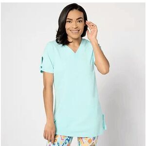 Denim & Co Women 4X Active Jersey Short Sleeve Tunic Capri Aqua Side Slits NWOT)